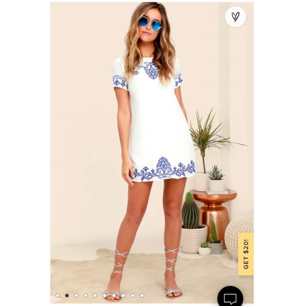 Lulus Tale to Tell Blue and Ivory Embroidered Shift Dress
